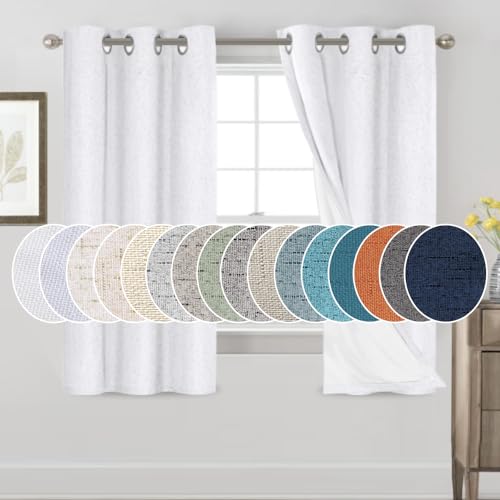 PrinceDeco Linen Texture Curtains 100% Blackout Curtains 64 inch Long 2 Panels Set for Bedroom Living Room Energy Saving Window Treatment Curtain Drapes, Burlap Fabric with White Liner,Pure White