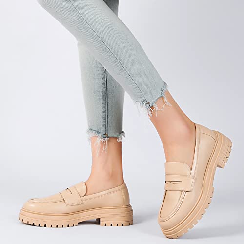Mostrin Loafers For Women Lug Sole Platform Mid Chunky Loafers Classic Round Toe Slip On Loafers Comfortable Penny Casual Shoes 7 (M) Us Apricot #TOP5