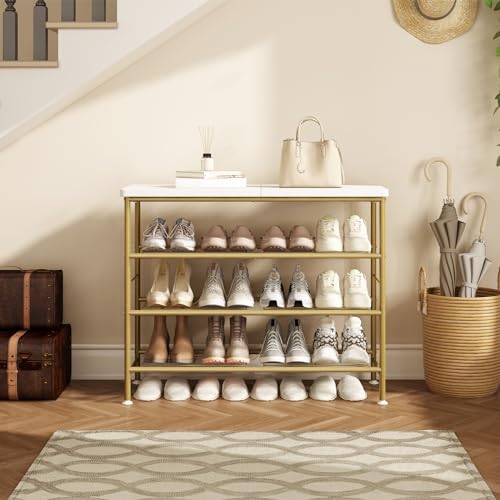 Image of SUOERNUO Shoe Rack Organizer 4 Tier for Closet Entryway Free Standing Metal Storage Shoe Shelf with MDF Top Board,Gold