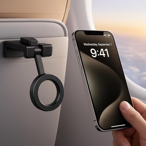 Image of Mizi Mag-Safe Airplane Phone Holder - Magnetic Travel Phone Mount for Airplane Seat Back, Hands-Free Flight Essentials Compatible with iPhone 17-12 Pro Max /Air /Plus /Mini with Mag Safe Case - Black