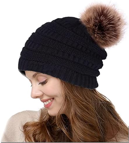 Ottsas Winter Hats for Women with Pom Black Beanies Accessories for Teen Girls Knitted Hat Solid Color Warm Wool Toboggan Hat Cold Weather Clothes Thick Beanie(Black,1)