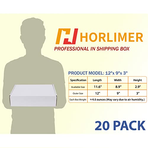 Image of HORLIMER 12x9x3 inches Shipping Boxes Set of 20, White Corrugated Cardboard Box Literature Mailer