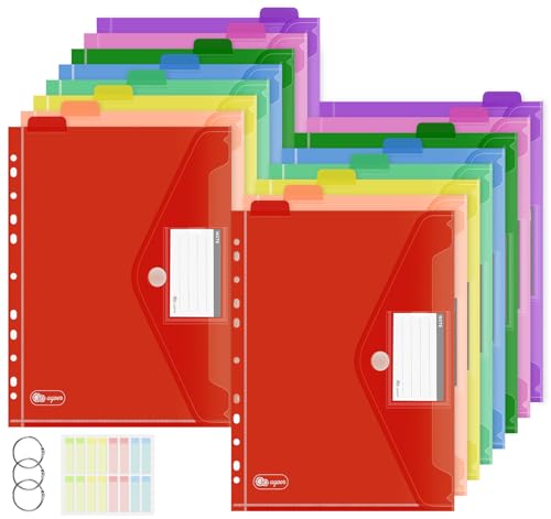 Agoer Carteras de plástico A4+, paquete de 16 bolsillos perforados multicolores anchos con cierre de velcro, bolsillo Polly de 11 agujeros con pestañas de índice y 3 anillos de metal, carpetas de