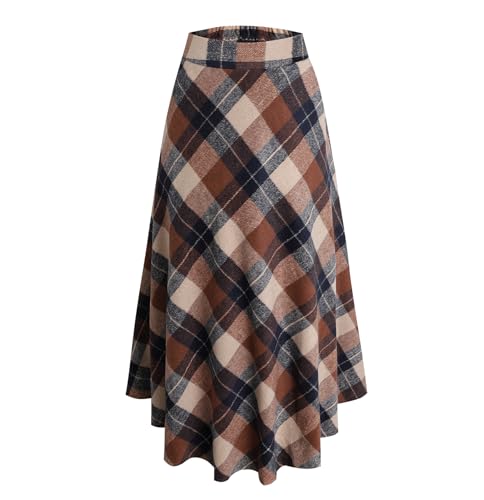 Beeblily Falda de mujer de cintura alta a cuadros de lana vintage, falda larga elegante de corte A, falda midi de otoño/invierno, caqui, XXL