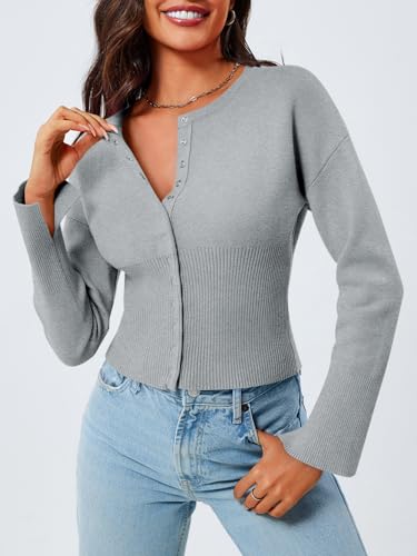Image of Saodimallsu Womens Cropped Sweaters Cardigan | Button Down,Long Sleeve,V Neck,Ribbed Knit,Slim Fit ,Pullover Crop Tops