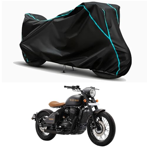 Image of Waterproof Bike Body Cover Compatible for | Jawa Perak | Taffeta Fabric, Sky Piping Design, Bottom Elastic Fit | Dustproof, Sun UV & Rain Protection for All Weather.