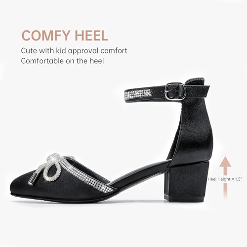 Image of LAURMOSA Girls Sandals Closed Toe High Heels Pointed Toe Ankle Strap Pumps Flower Girl Dressy Shoes in Wedding Party Cute Bowknot Chunky Block Heeled for Little Big Kids