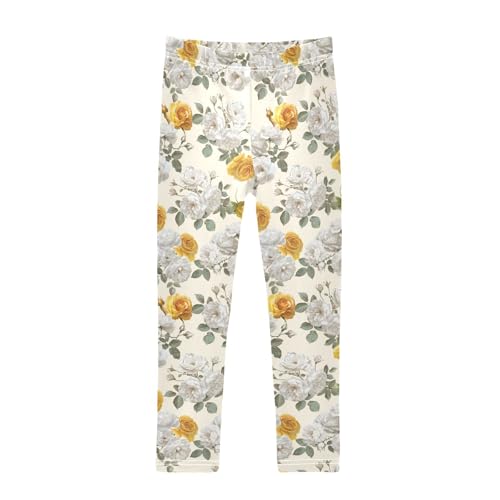 White and Yellow Flowers Girls Leggings,Workout Leggings for Girls Toddler Athletic Leggings Size for 3-10T