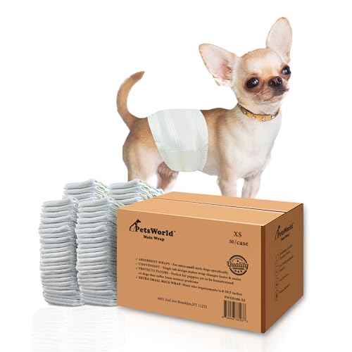 Image of PetsWorld Dog Diapers Male X-Small - 50 Count Disposable - Super Absorbent, Fur-Friendly Belly Bands with Wetness Indicator - Adjustable Dog Wraps for Incontinence & Training (Waist 8.5-10.5 in)
