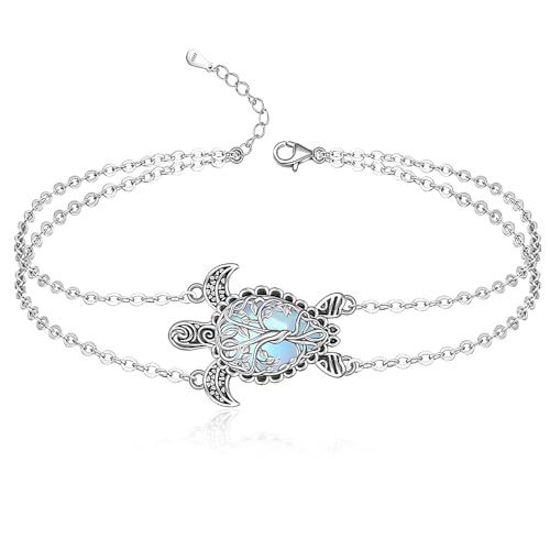 Image of Fenthring Turtle Anklet S925 Sterling Silver Blue Opal Sea Turtle Ankle Bracelets for Women Infinity Wave Ocean Beach Summer Foot Bracelet Jewelry Layered Adjustable
