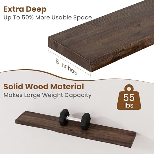 Image of Floating Shelves for Wall Decor, Rustic Solid Elm Wood Live Edge Floating Shelves Wall Mounted, Wall Shelves with Invisible Bracket for Living Room Bathroom Bedroom Kitchen, 40 Inch Set of 1, Walnut