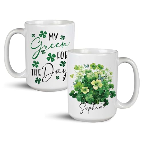 Heartfelt Customized With My Green The Day Travel Cup, Custom On White Ceramic Coffee Mug Gifts For Friends, Personalized Name Clover Details Mug Presents On Special Occasions