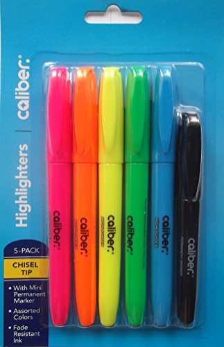 Caliber 5-pack Chisel-Tip Highlighters w/Black Mini Permanent Marker