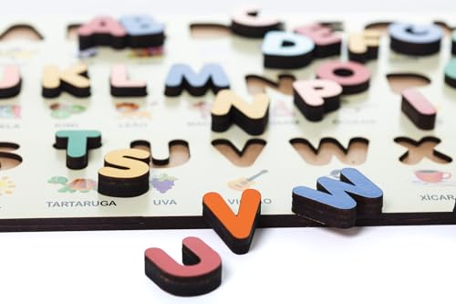 Alfabeto em Madeira Montessoriano Tabuleiro Educativo com Letras Figuras e Palavras