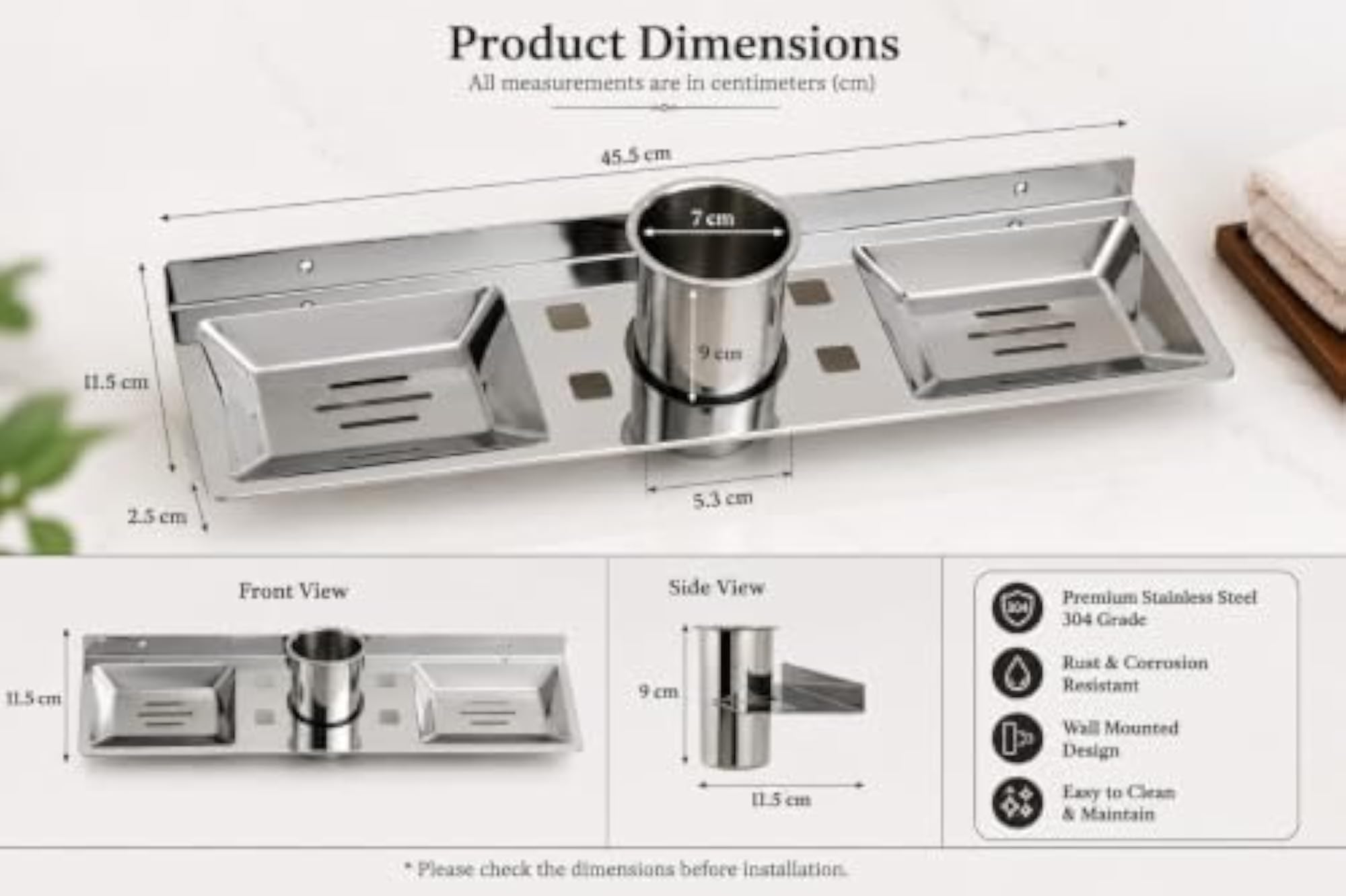 Stainless Steel Wall Mounted Double Soap Dish with Tumbler Holder