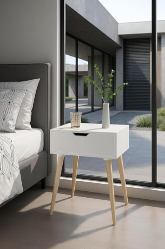 Image of Wooden Bedside Table or Nightstand with Solid Wood Legs for Bedroom | Classic Lamp Table, Sofa Side Table with 1 Storage Drawer for Living Room