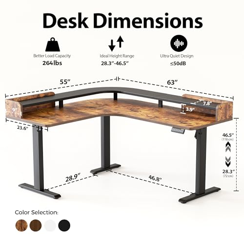 Image of Agilestic L Shaped Standing Desk, Corner Desk with Monitor Shelf, Adjustable Height Gaming Table, Sit Stand Up Table, 63 x 55 Inch Home Office Computer Workstation, Splice Board, Rustic Brown