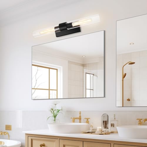 Image of Glass Tube Wall Sconces, 24in Bathroom Vanity Light Fixtures 2-Light Double Glass Sconces Wall Lighting Bathroom Wall Lights for Mirror,Bedroom, Hallway (Including Extra Bulbs)-Matte Black