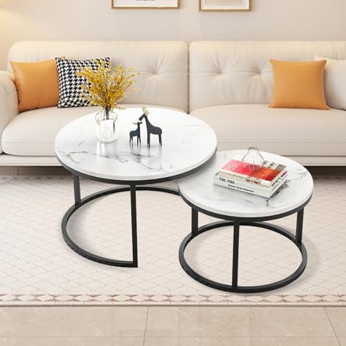 Undres Couchtisch, 2er Set, Wohnzimmertisch, Couchtisch rund, Couchtisch Holz, Wohnzimmertisch Weiß, Weißer Marmor-Look, Ø80x44 cm und Ø60x39 cm, Stapelbare Beistelltische, Hochwertiger Metallrahmen.