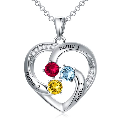 Custom Name Birthstone Necklace for Mom Sterling Silver Personalized Heart Name Necklaces for Women with 3 Birthstones Mother's Jewelry Gift for Mother's Day2