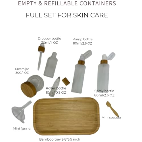 Empty Refillable Frosted Glass Cosmetic Containers with Bamboo Cover - 5 Pack, Spray Bottle, Lotion Pump, Dropper, Roller and Cream Jar for Cosmetic Storage with Tray2