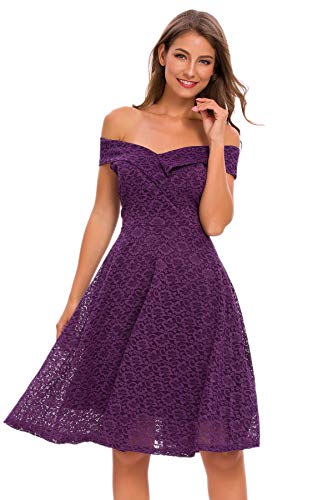 Bright Deer Robe de Soirée Mariage Mi-Longue en Dentelle Style Bardot à Épaules Nues Femme Retro Vintage Chic Tenue de Cocktail Cérémonie Skater 38 S Violet