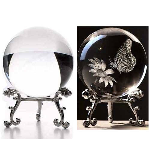 vskikris Bola de cristal borboleta 3D de 2 peças - Vidro K9 gravado a laser com base de prata, decoração de girassol e borboleta de 60 mm para casa/escritório