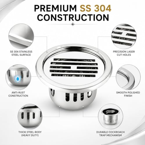 Image of Classic Round Floor Drainer 5 x 5 Inch 304 Grade Stainless Steel Floor Drain Cover Jali with Cockroach Trap Glossy Rust Resistant Drain Strainer for Bathroom Kitchen Balcony Utility Area