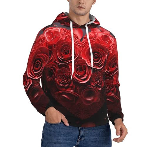 Men's Fleece Pullover Hoodie Long Sleeve Hooded Red Rose Love Heart Sweatshirt Casual Shirts With Pockets
