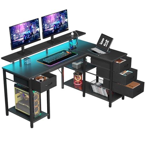 Seventable Computertisch L Form mit 4 Schubladen & Ablageflächen, Gaming Tisch mit LED & Steckdosen, Gaming Schreibtisch mit Monitorständer für Homeoffice, Schlafzimmer, Wohnzimmer (Schwarz, 120 cm)