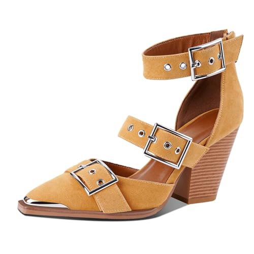 CORNMOOD Pointed Toe Chunky Heels for Women Metal Buckle Strappy Medium Thick Wedge Western Stacked Heel Sandals