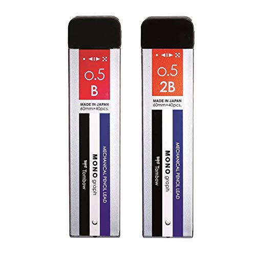 Mono Graph Mechanical Pencil Lead, 2B and B, 0.5mm, 40 Leads Tube (Black)- 2 Pack
