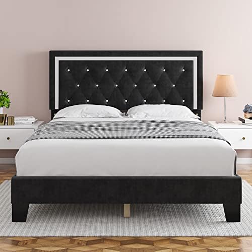 HITHOS Full Bed Frame, Upholstered Platform Bed Frame with Modern Adjustable Headboard, Diamond Tufted Mattress Foundation with Wooden Slat Support, No Box Spring Needed, Easy Assembly (Full, Black)