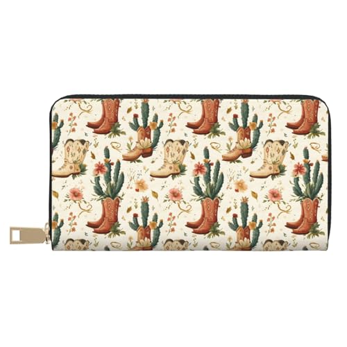 Leather Thin Slim Wallets for Women Men - Fashion Cactus Cowboy Boots A Print Card Wallet Holder with Zipper