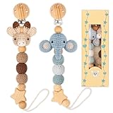 LSTRAGY Pacifier Clip, 2 Pack Pacifier Holder for Boys and Girls, Cute Deer Handmade Knitted Christmas Pacifier Clip Fits for Most Pacifier, Baby Teethers, Baby Shower and Baby Gift(Elephant&Deer)