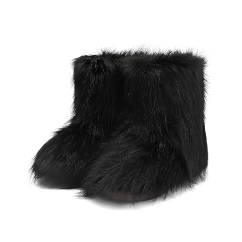 Wnshonzy Fur Boots for Women Furry Fuzzy Black Y2k Fluffy Platform Flat Mini Boot Snow Winter Round Toe Comfortable Mid-Calf Short Ankle Classic Warm Outdoor 2025