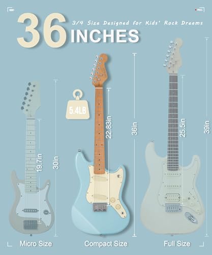 Image of AKLOT Mini Kids Electric Guitar: 3 /4 Size Guitar Kit for Beginners, 1.5in Narrow Neck for Small Hands, Easy to Play, Age 6-12, 36 inch, 10W Amp, Gig Bag, Strap, Cable, Picks & Lesson Book (Blue)