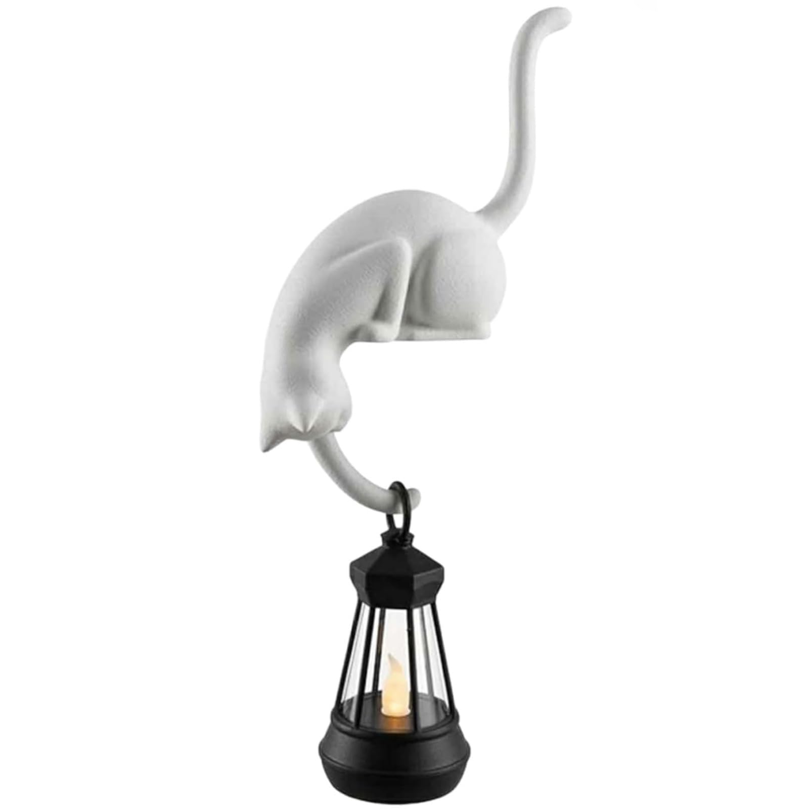 TASBER Cat with Lantern Shelf Decor, Bookshelf Lantern Cat, 3D Printed LED Hanging Cats Figurine, Retro Style Night Light for Porches Patios and Home, Antique Shelf Decor Led for Cats Lovers，White