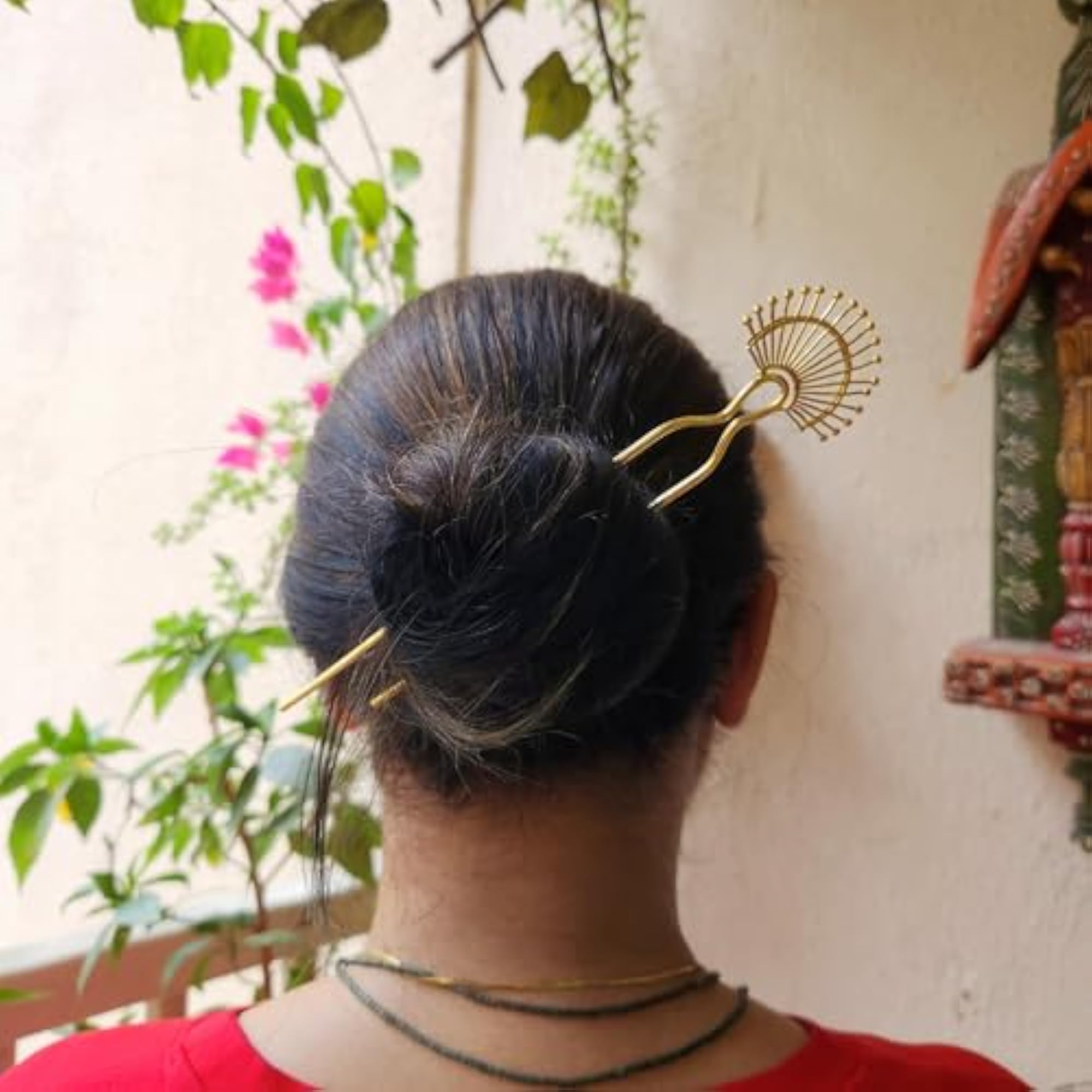 Traditional Gold-Tone Brass Sun Design Hair Bun Pin, Elegant Accessory