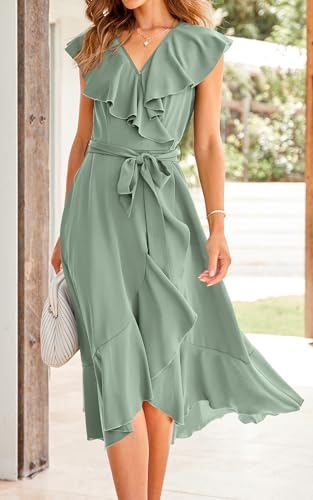 Image of PRETTYGARDEN Women's 2023 Summer Wrap Maxi Dress Casual Boho Deep V Neck Short Sleeve Ruffle Hem Split Beach Long Dresses