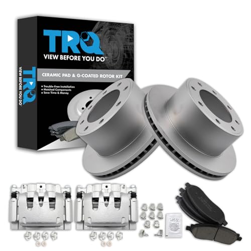 Image of TRQ Rear Brake Pad, Caliper, & Rotor Kit Ceramic Vented Premium G-Coated Compatible with 2006-2007 Ford F-250 Super Duty F-350 Super Duty