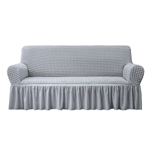 NICEEC Sofa Slipcover Grey Sofa Covers 1 Piece Easy Fitted Sofa Couch Cover Universal High Stretch Durable Furniture Protector with Skirt Country Style (3 Seater Grey)