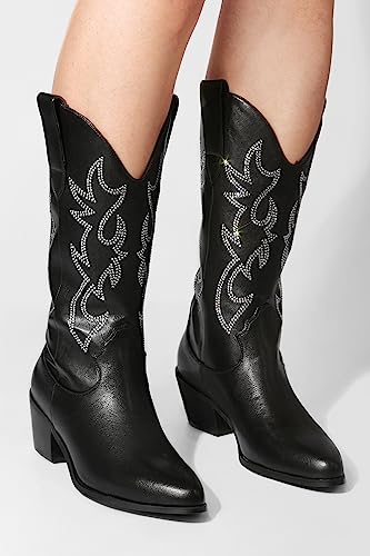 MUCCCUTE Cowboy Boots for Women Cowgirl Boots Wide Calf Pointed Toe Embroidered Fashion Western Chunky Pull On3
