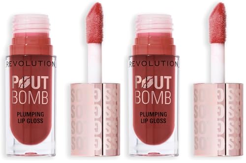 Image of Revolution, Pout Bomb Plumping Lip Gloss, High Shine, Rich Glossy Pigment, Infused with Vitamin E, Cookie Deep Nude, 0.15 fl oz (Pack of 2)