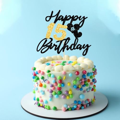 Gleevio Tortendeko 15 Geburtstag Junge Mädchen,Glitzer Kuchen Deko 15 Geburtstag Mädchen,Happy 15th Birthday Cake Topper,Alles Gute zum Geburtstagsdeko 15 Jahre,Torten Deko 15 Jahre Junge Schwarz Gold