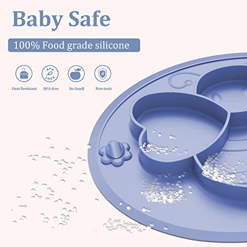 Toddler Plates With Suction - Silicone Cute Bee Baby Divided Plate - Self Feeding Kid Dish For Tables Highchairs Trays - Dishwasher And Microwave Safe (Dark Blue) #TOP1