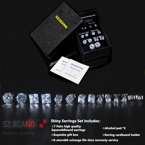 Square Round Diamond Stud Earrings Mix Match Set 7 Pairs Hypoallergenic Cubic Zirconia Diamond Titanium Stainless Steel Silver Rose Gold Black Square Round CZ Stud Earrings Jewelry Set for Women Men3