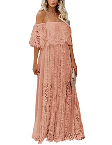 Ecosunny Women s Deep V Neck Short Sleeve Floral Lace Bridesmaid Maxi Dress Party Gown (Small, W2-Pink Off Shoulder)