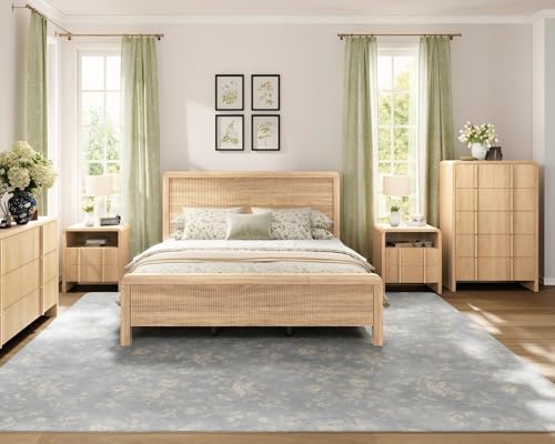 AMERLIFE 4-Piece Modern Fluted Bedroom Furniture Set, Including Wood Queen Size Bed Frame with Headboard & Footboard, 5 Drawer Tall Dresser, Storage Night Stand Set of 2, Natural Oak