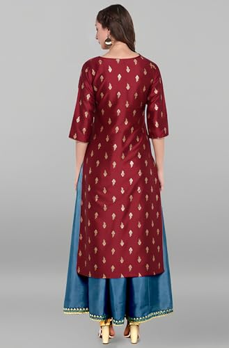 Image of Janasya Womens Silk Blend Gold Printed Layered Ethnic Dress with Inner